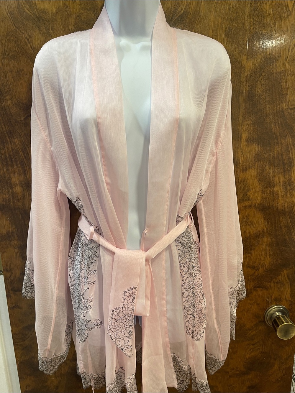 Sheer Lace-Trim Kimono Robe - Pink
